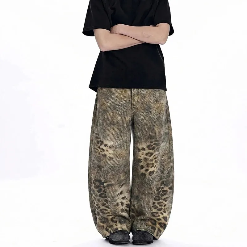 Avant-Garde Men's Jeans Leopard Print Gradient Oversized Wide Leg Fit High Street Loose Casual Denim Long Pants 9X2894