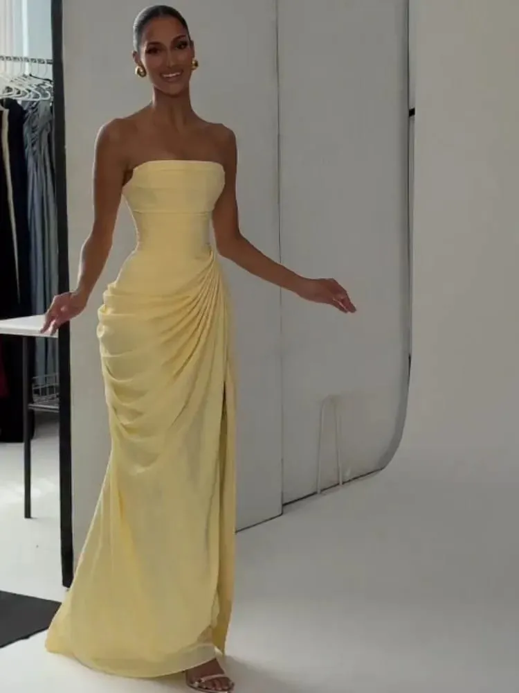 Elegant Yellow Strapless Pleated Dress Women Chic Sleeveless Waist Cinching Split Maxi Gowns Lady Evening Party Dresses 2026 New — image 5