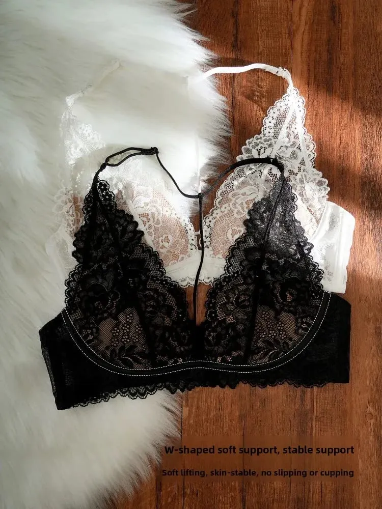 French Vintage Lace Halter Bra Set Wireless Thin Cup Small Breast Push Up Anti Sag Lifting Soft Pure Desire Ladies Intimate Bras