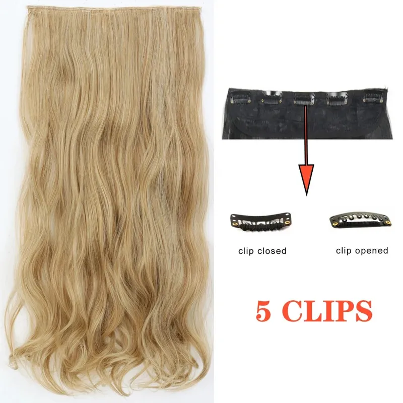 Synthetic Long Wave 5 Clips Hair Extensions Clips in High Temperature Fiber Black Brown Hairpiece