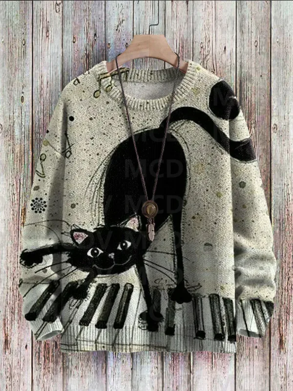 Corak Seni Burung Bunga Kucing Hitam yang comel Cetak Sweater Pullover Bersatu Kasual Sweater Klasik Pullover Lelaki Untuk Wanita