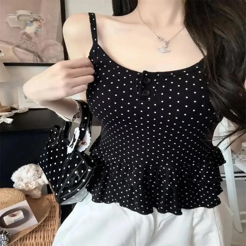 {MAX-66} Women Clothing Summer Fashion Casual Polka Dot Solid Color Sling Ladies Fashionable Appear Thin Slim Young Style Tops