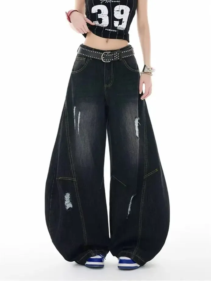 Retro-Style Curved-Leg Jeans Unisex Relaxed Fit Patchwork Soft Durable Women Men Versatile Washed Wide-Leg Pants