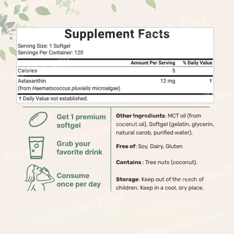 Astaxanthin 12mg Softgels From Plant-Based Microalgae with MCT Oil Dietary Supplement