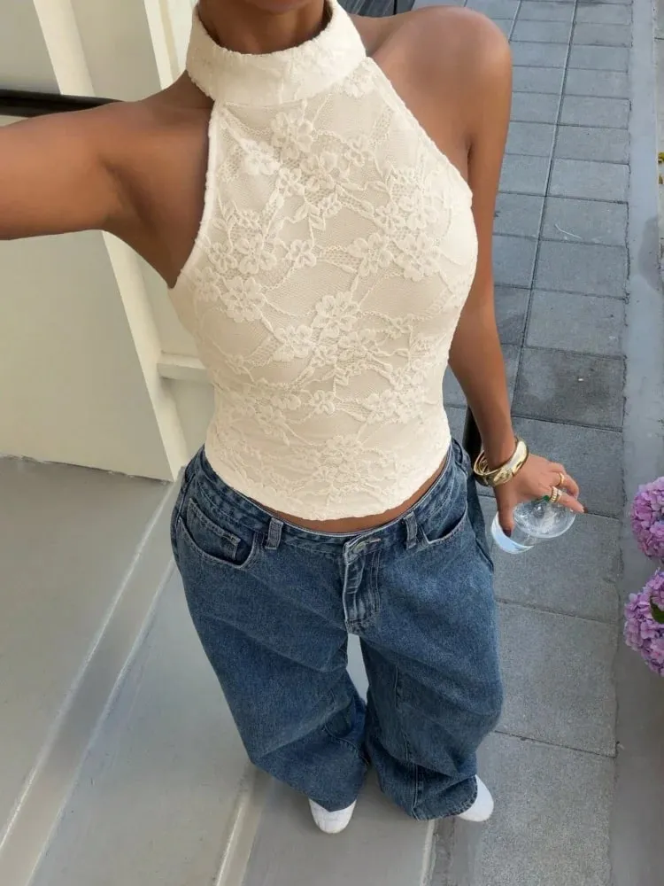 Women's Sexy White Lace High Neck Halter Back Button Backless Slim Fit Crop Top Casual Daily Vacation Summer 2026