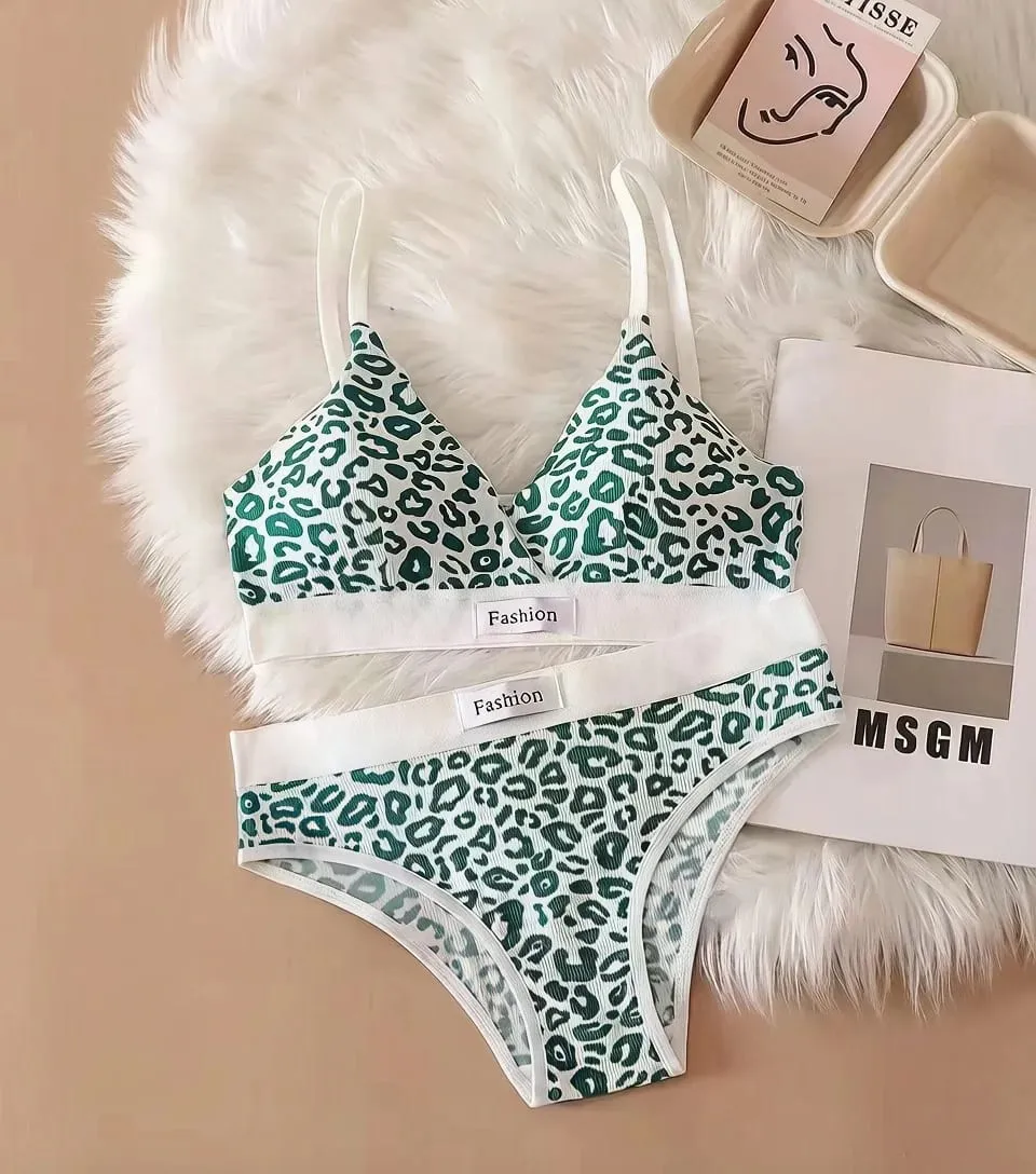 Low Waist Leopard Print Bra and Panty Lingerie Set Comfortable Daily Wear Soft Underwear Two Piece Intimate Apparel
