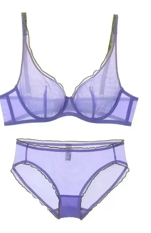 European Luxury Lingerie Set Full Cup Sheer Ultra Thin Bra & Panty Set Sexy Comfort for Women Large Small MOYISU Sexy Tushy S-XL
