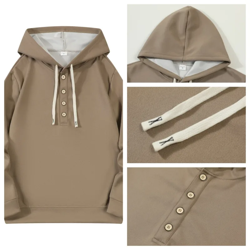 Four button hooded sweatshirt autumn winter men's new long sleeved hooded sweatshirt fashionable and casual men's sportswear,