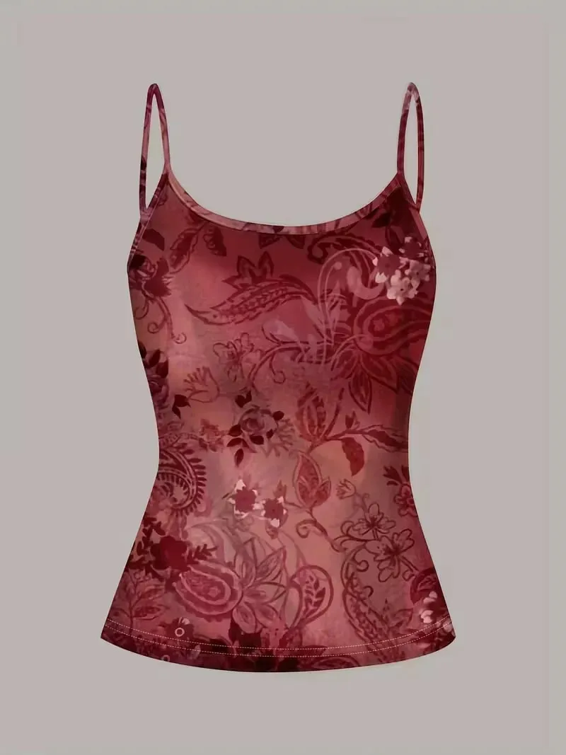 Vintage Floral Pattern Red Sexy Vest Women's Short Top