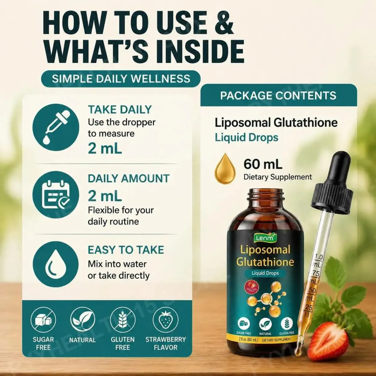 Lenm Liposomal Glutathione Liquid Drops for Antioxidant Cellular & Liver Support with NAC Vitamin C Strawberry Flavor 60 mL