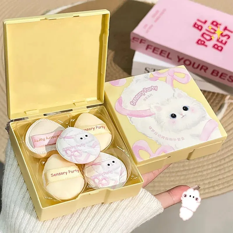 Cute Pink Mini Finger Puff Set with Box Facial Makeup Sponge Soft Velvet Mixed Beauty Makeup Puff Professional Makeup Tools 5pcs