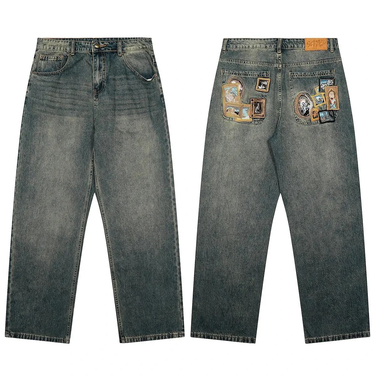 High Street Flower koi Fish Embroidery Baggy Jeans Pants for Men and Women Pantalones Hombre Straight Denim Trousers Oversized