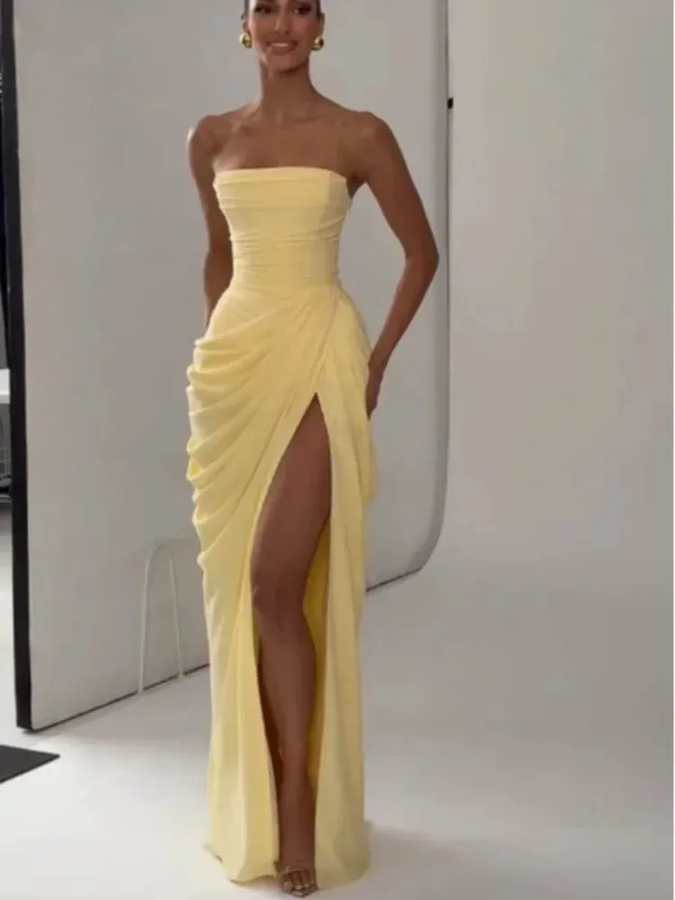 Women Yellow Elegant Strapless Pleated Dress Sexy Sleeveless Waist Cinching Split Maxi Gowns 2026 Lady New Evening Party Dresses