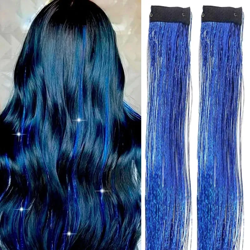 2PCS Synthetic Hair Tinsel Clip in Extensions Colored Sparkle Hair Tinsel Kit with BB Clip for Kids Girls Christmas Party Use