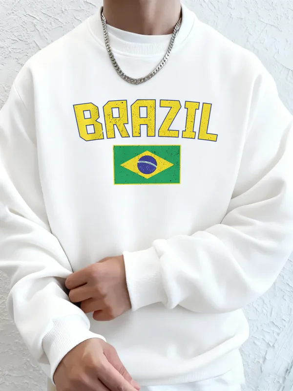 Brazil Letter And Flag Prints Man'S Pocket Streetwear Street Basic Hoody Crewneck Sport Sweatshirts Fleece Trendy Pullovers