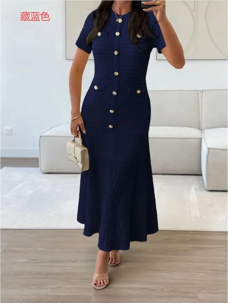 Women's Solid Color Midi Dress Short Sleeve Gold Button Decorated Fitted Flared Hem Gown Elegant Retro Outfit Dating & Parties — image 6