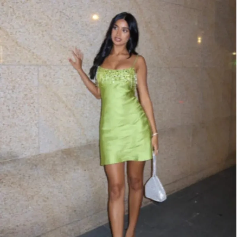 Sequin Tassel Beach Mini Dress Women Satin Spaghetti Straps Square Neck Party Clubs Short Skirt 2026 NEW Summer Vacation Dresses