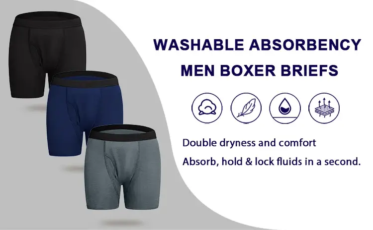 Mens Absorbent Incontinence Underwear Washable Open Fly Leakage Protective Briefs Adult Leak Proof Boxer 3 Pack