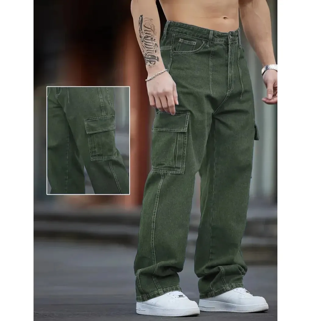2026 New Arrival Men Cargo Jeans Multi‑Pocket Loose Wide Leg Straight Denim Pants HipHop Street Workwear Trousers