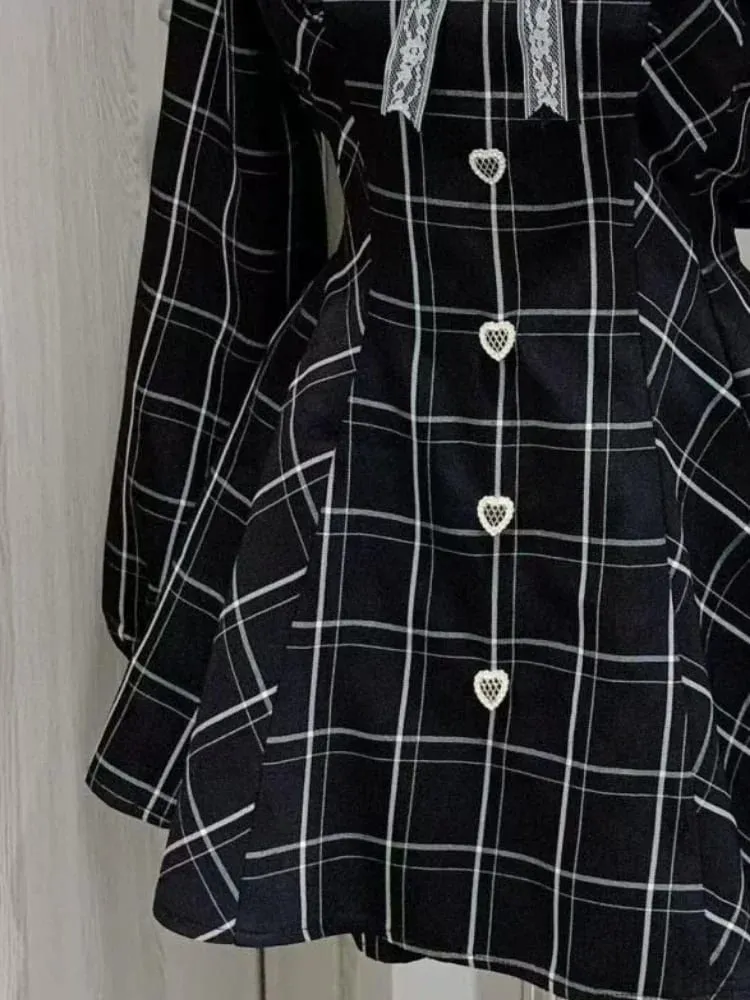 Japonská víla Sladká krajka Patchwork kostkované šaty Dámské Kawaii Grunge Šaty s volánky s dlouhým rukávem Y2k Estetické JK Lolita Vestidos