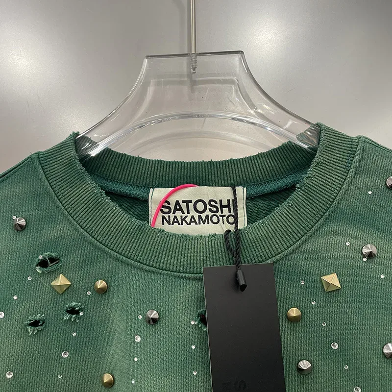 26FW Heavy Fabric Cotton Loose Rhinestone Rivet Satoshi Nakamoto Sweatshirts Men Women Vintage Charcoal Gray Green Pullovers — image 15