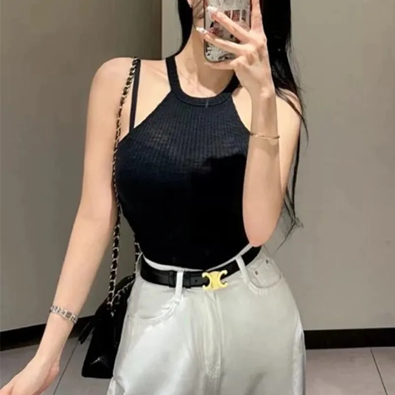 Halter Off Shoulder Crop Top Korean New Arrival Elegant Slim O-Neck Tank Top Women Fashion Figure Flattering Sleeveless Camis — image 11