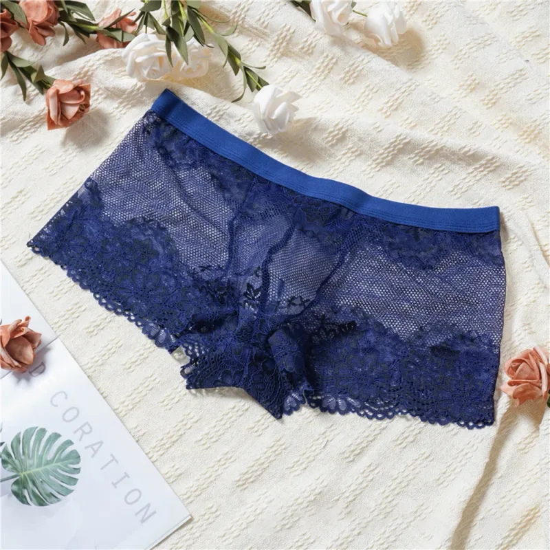 Men Lace Jacquard Mesh Boxer Shorts Underwear Hollow Temptation Exotic Trunks Silk Soft Quick Dry Breathable Sexy Panties