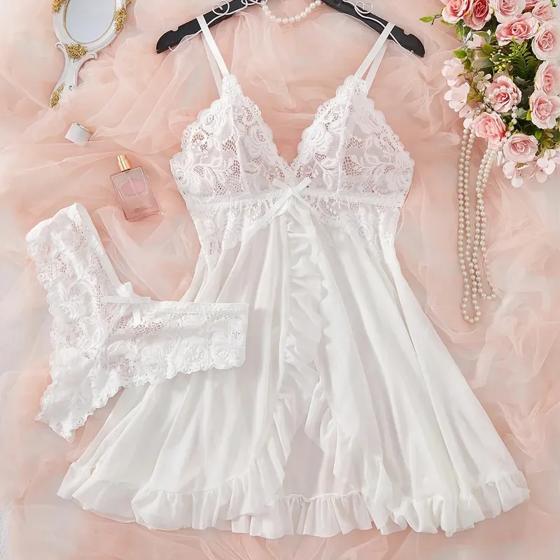 Women Lace Lingerie Set Solid Soft Slim Bra Nightdress Sexy Sleepwear For Women