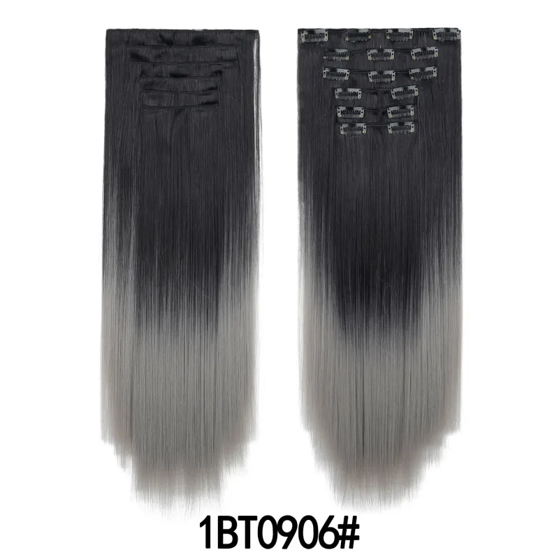 6Pcs 24 inch Ombre Color Clip-in Hair Extensions Long Synthetic Straight Hairpieces Layered Soft Invisible Clip Ins Extensions