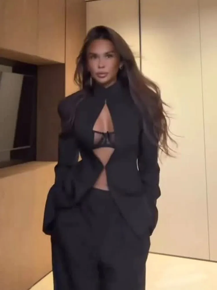 Sexy Black Hollow Blazer Dress Women Elegant Full Sleeve Shoulder Pads Cinched-waist Mini Dresses 2026 Lady Evening Dinner Robes — image 6