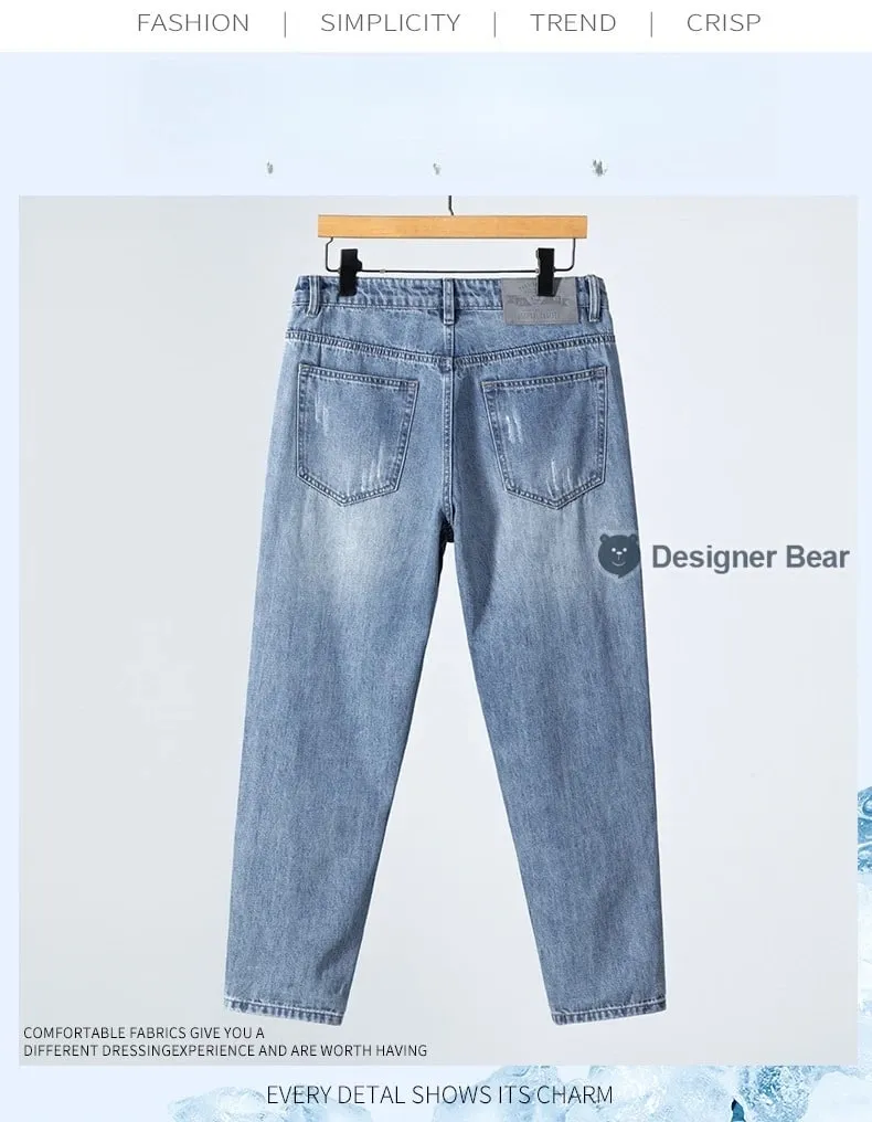 2026 Men's Spring Summer Ripped Hole Jeans Korean Style Straight Leg Casual Harem Denim Pants Distressed Washed Baggy Trousers
