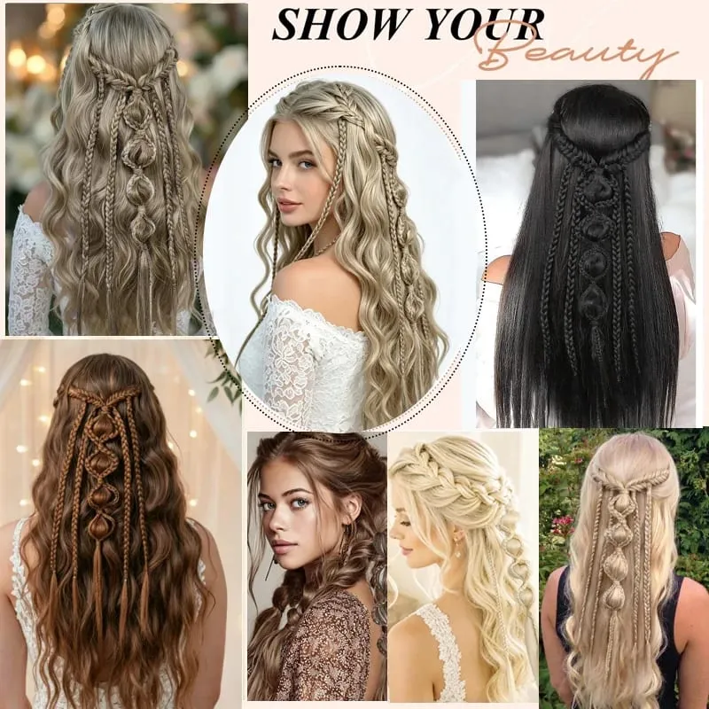 Clip in Braid Synthetic Hair Extensions Boho Festival Princess Braid Viking Renaissance Cosplay Wedding Hairpiece for Women — image 7