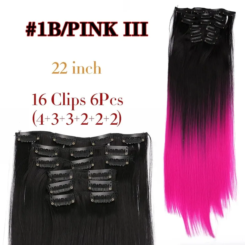 Black Clip In Extensions Straight 22" Long Synthetic Thick Clips On Hair Piece For Women 6Pcs/Set Curly Full Head Weddings Daily