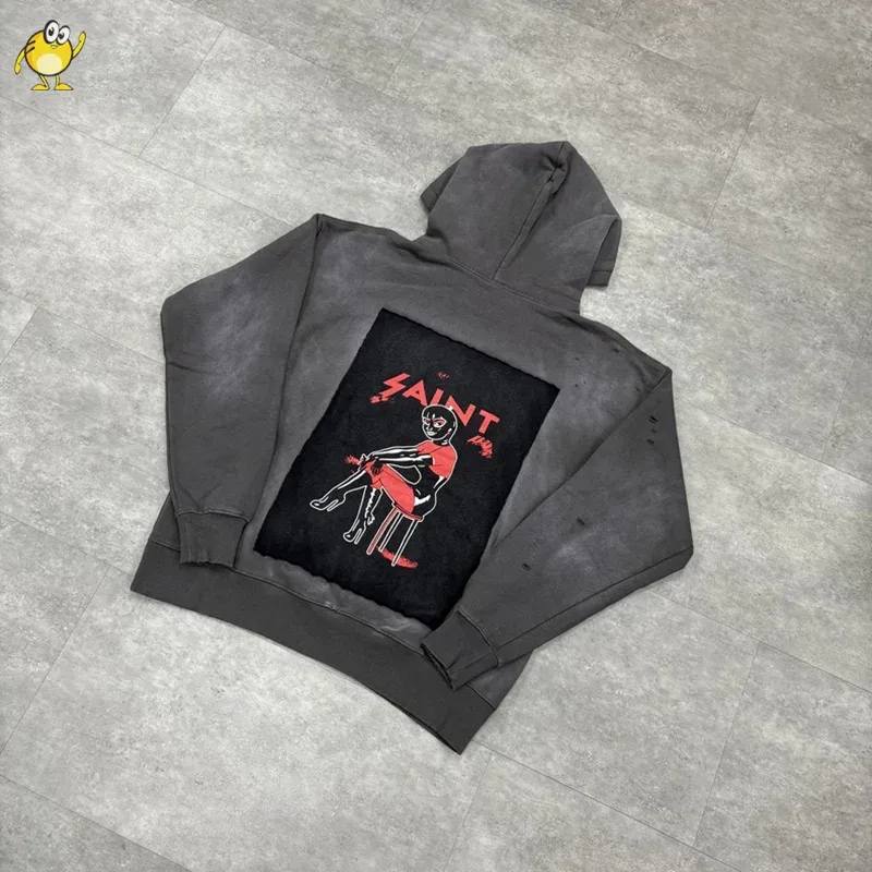 25FW Washed Grey SAINT Hoodies Men Woman Oversize Streetwear Damaged Hooded Pullovers Graphic Print Sweatshirts