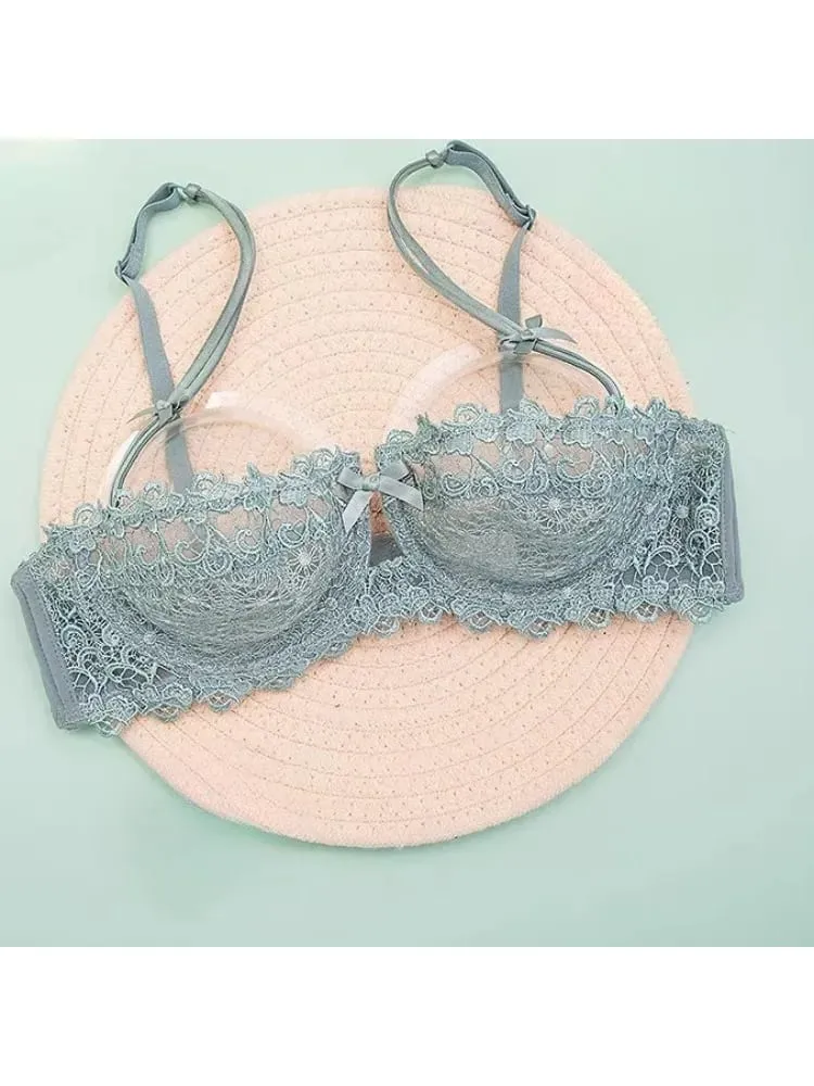 Sexy Lace Bra Set Women Plus Size Sheer Half Cup Push Up Lingerie Ultra Thin Transparent Concealed Nipple Underwear Hot