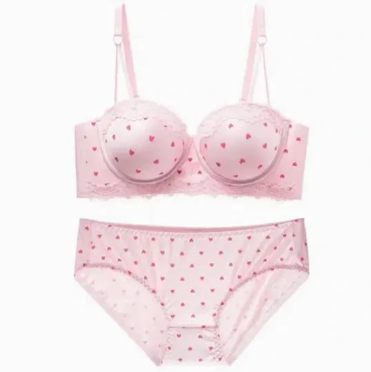 Cute Sweet Heart Lace Bra & Panty Set Sexy Push Up Side Support Anti Sag Soft Lingerie For Small Bust 32‑38AB Bra set