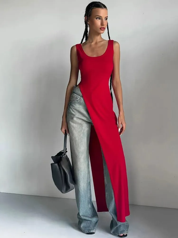 Summer personality trend slim fit solid color street niche irregular asymmetrical hem sleeveless camisole vest dress