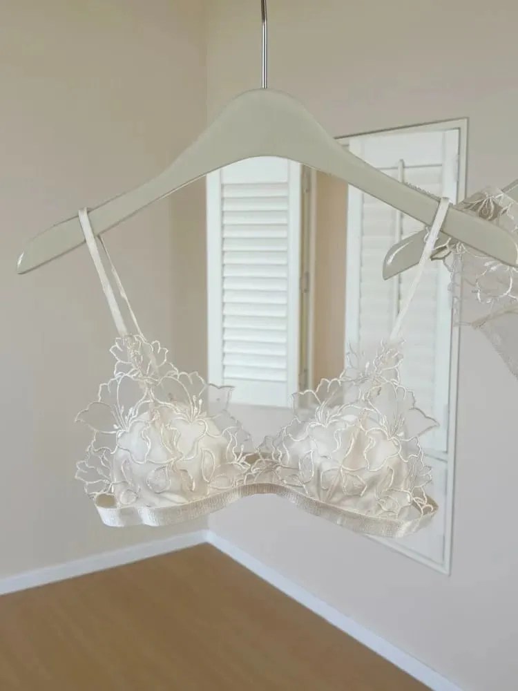 ​ Elegant French Lace Bralette Wireless Triangle Cup No Underwire Thin Straps Small Bust Women Comfort Lingerie Set BANERDANNI