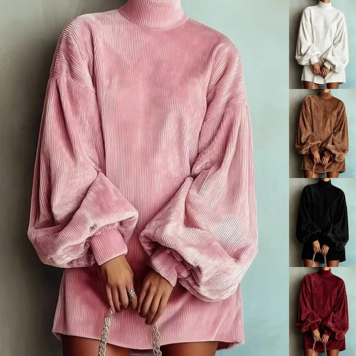 Women Corduroy Turtleneck Mini Dress Oversized Elegant Loose Lantern Sleeve Casual Dresses Autumn Winter Streetwear Short Dress