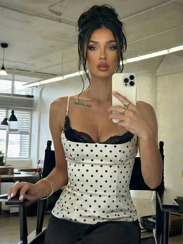 Weird Puss Sexy Lace Patchwork Camisole Women Trend Chic Polka Dot Print Square Collar Skinny Y2K Hottie Street Party Club Vest — image 2
