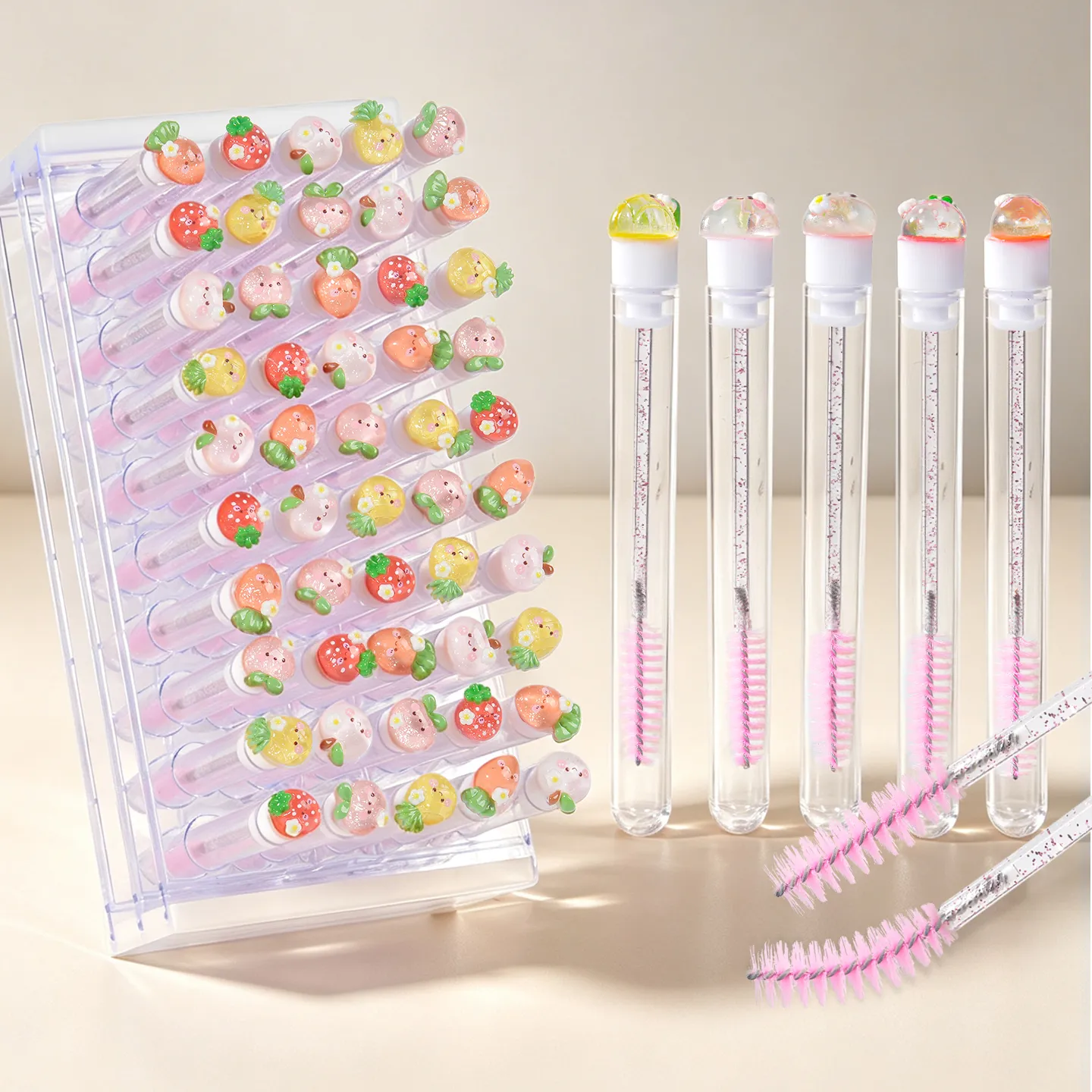10Pcs Reusable Eyelash Brushes with Tube Cute Fruit Mascara Wands for Lash Extensions Kawaii Brow Spoolies Makeup Tool Set Gift