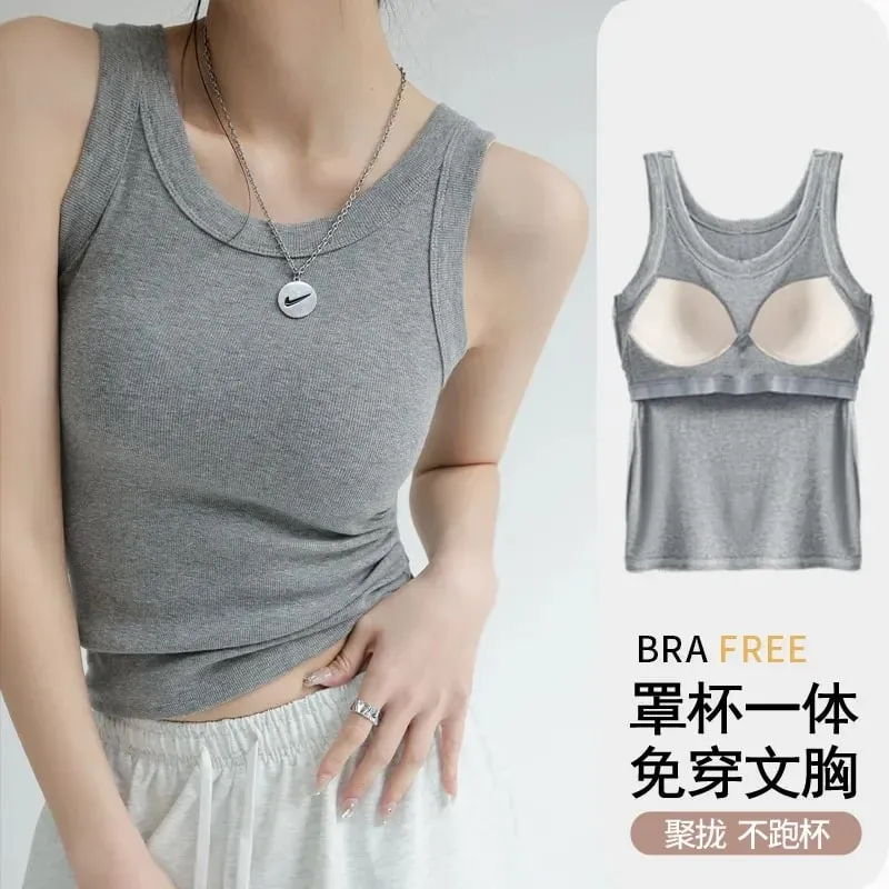 New Women Solid Round Neck Ribbed Tank Top Camisole Women Summer Basic Elastic TankTop One-piece Vest with Chest Pad Y2k