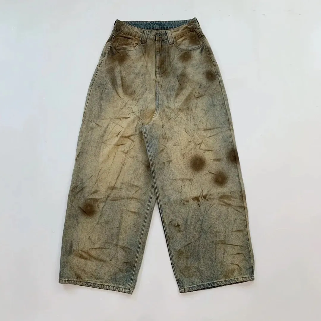 Latui Atelier High-Quality ROSE Stained and Weathered Embroidered Denim Pants with Flared Leg Design jeans