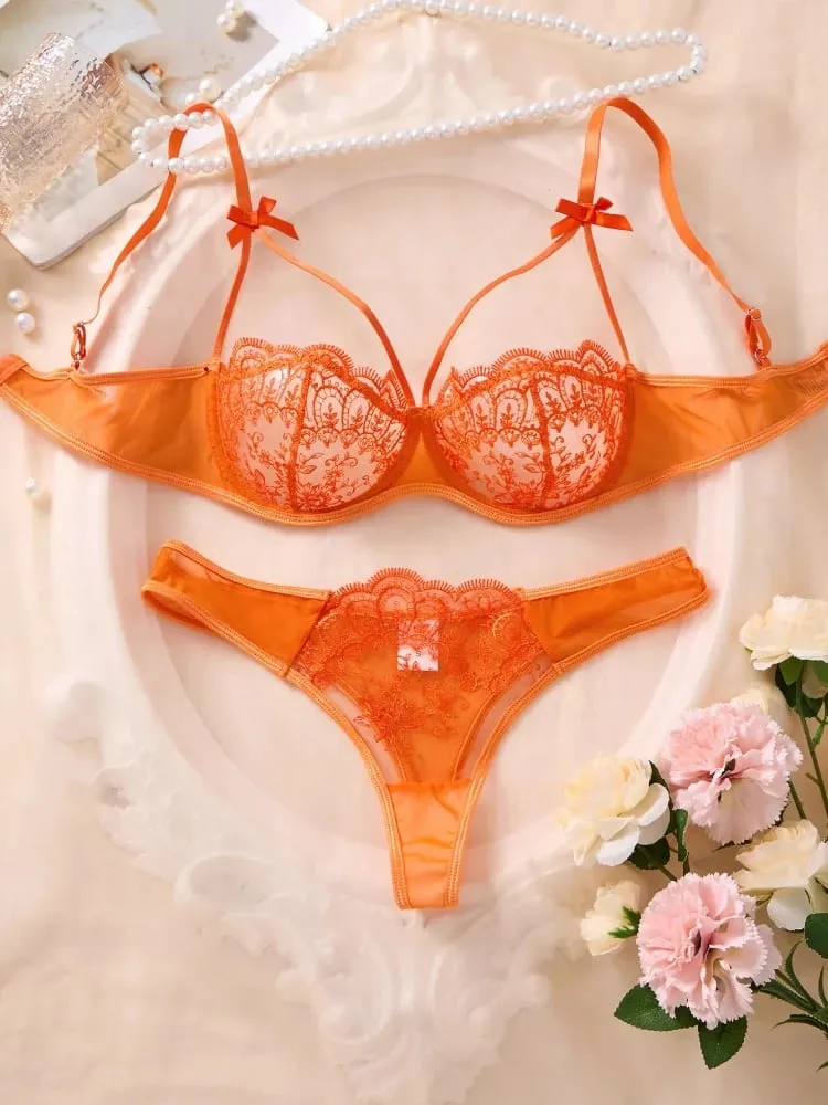 Sexy Orange Lace Lingerie Set Women Push Up Bra and Panty Set Butterfly Bow Underwear Female Intimates Sleepwear