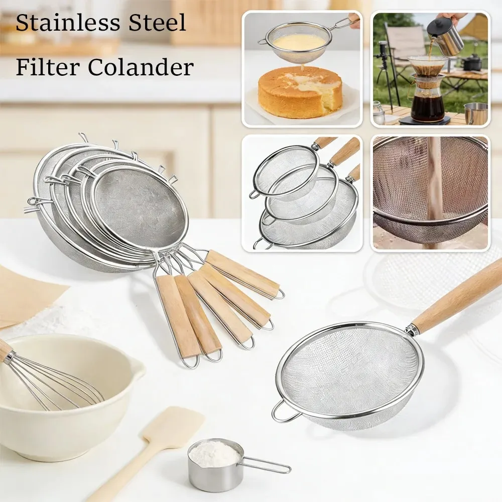 1-3pcs Wooden Handle Flour Sifter And Strainer Fine Mesh Stainless Steel for Home Baking Cooking Juice And Powder Filtering — image 2