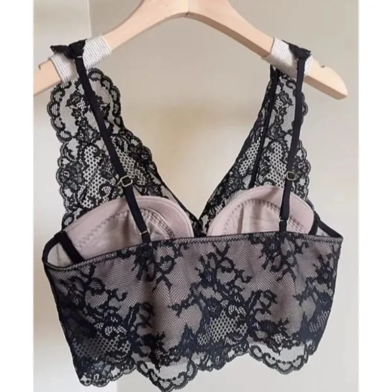 Women's French Lace Bralette Push Up Gathering No Underwire Backless Bra Sets Sheer Lingerie Outerwear Going Out Tops Size S- XL