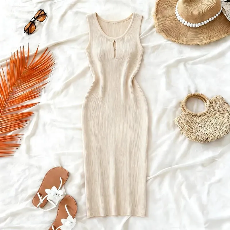 Women's Solid Summer Blue Pink Midi Dress Sleeveless Stretchy Knit Ribbed Keyhole Cutout Bodycon Sundress Party Vacation Dress