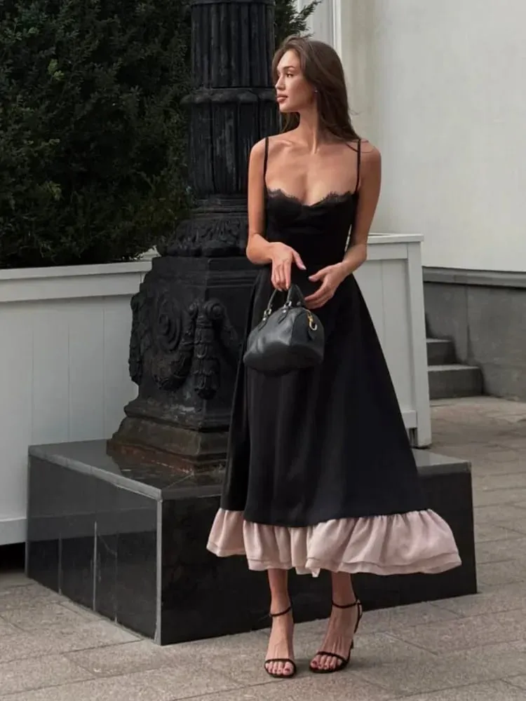 Elegant Lace Trim A-line Maxi Dress Women Fashion Spaghetti Straps Ruffle Hem Dresses 2026 Summer New Evening Party Street Gown