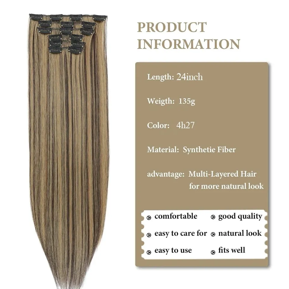 6Pcs/Set Clip In Hair Extension Synthetic Highlights Blonde Long Straight Hairpiece Full Head Thick Hairpieces for Women Girls