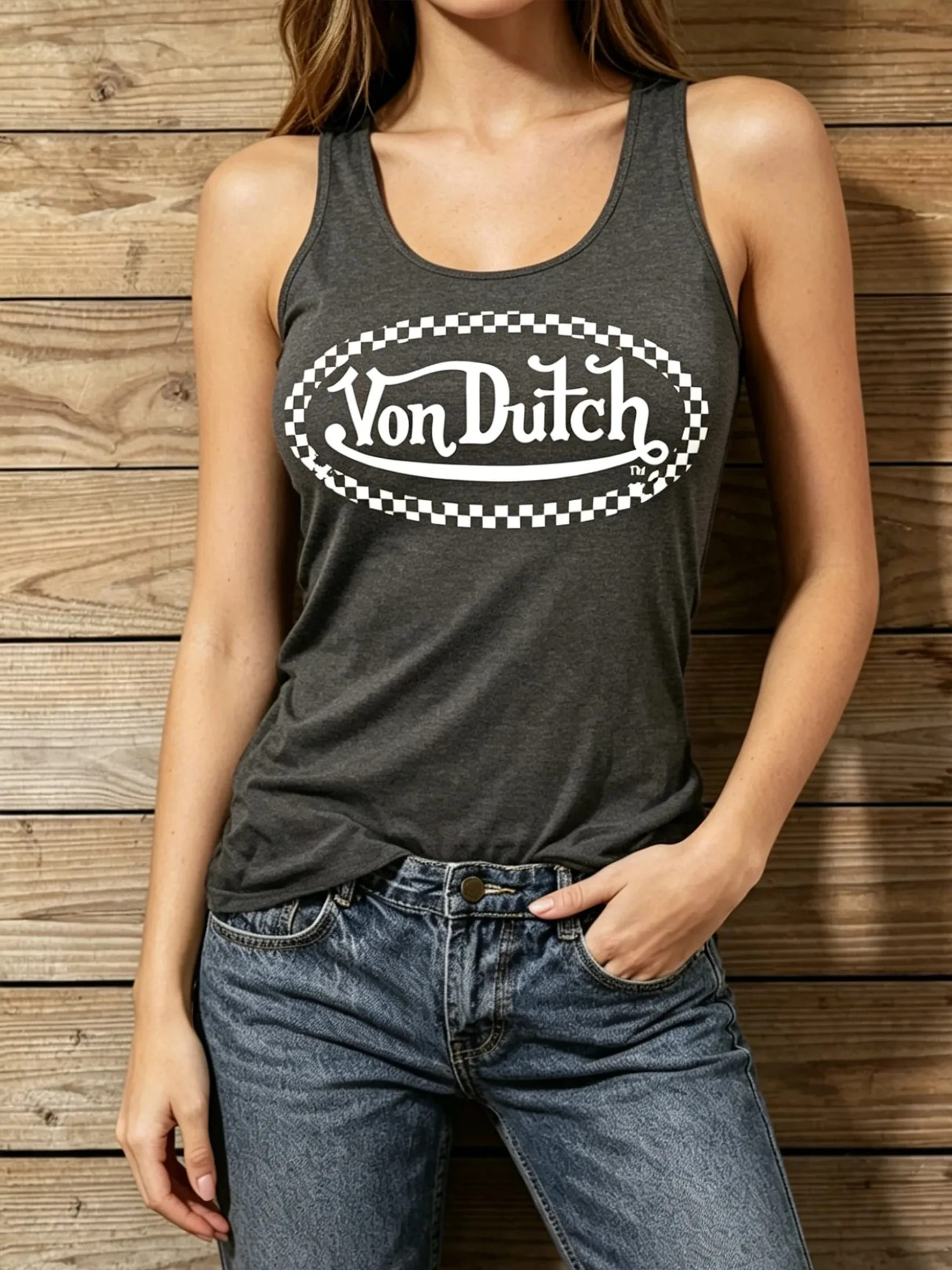 Women's Y2K American Street Retro-Style Checkered Border Printed Casual Tank Top for Summer Sports Use